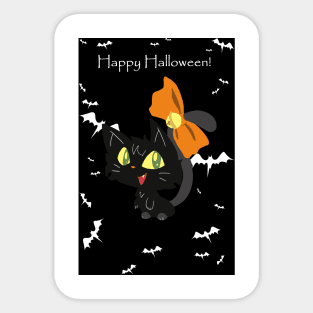 "Happy Halloween" Orange Bow Black Cat Sticker